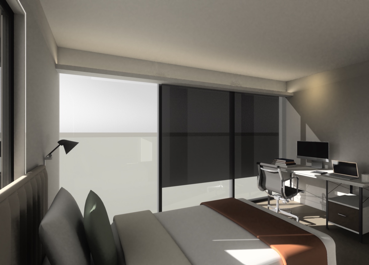 Render of the ADU at 8 in the morning, set for work. The
                screen shade is lowered over the east glass wall and a light
                washes the wall beside the desk, where a laptop and a stack of
                books sit.