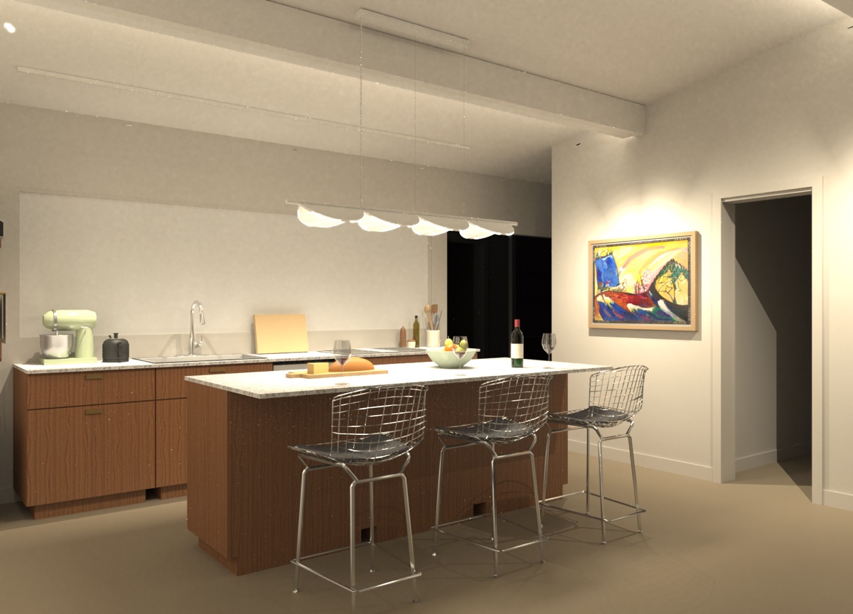 Render of the kitchen at night, set for cooking. A pendant
                hangs over the island under the open beam ceiling, and the
                counters and the shade behind the sink are evenly lit. A stand
                mixer, bread, a bowl of fruit and a bottle of wine sit on the
                counters, and a painting hangs on the wall to the right.