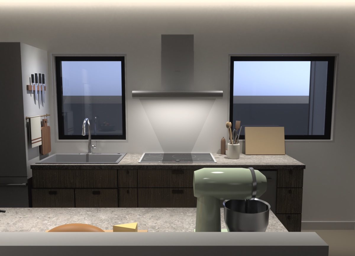 Render of the kitchen at night. The counter wall has two
                windows and a hood and no upper cabinets. A light slot along
                the ceiling washes the wall, ceiling lights light the stone
                counter evenly, and a light under the hood lights the cooktop.
                A stand mixer and a loaf of bread sit on the near counter.