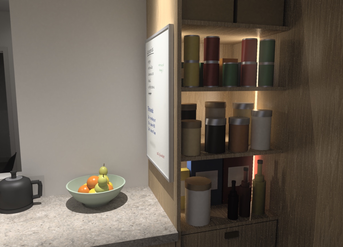 Render of the pantry with its door open. Lights inside its
                sides light the shelves of jars, cans and bottles. A kettle and
                a bowl of fruit sit on the counter beside it.
