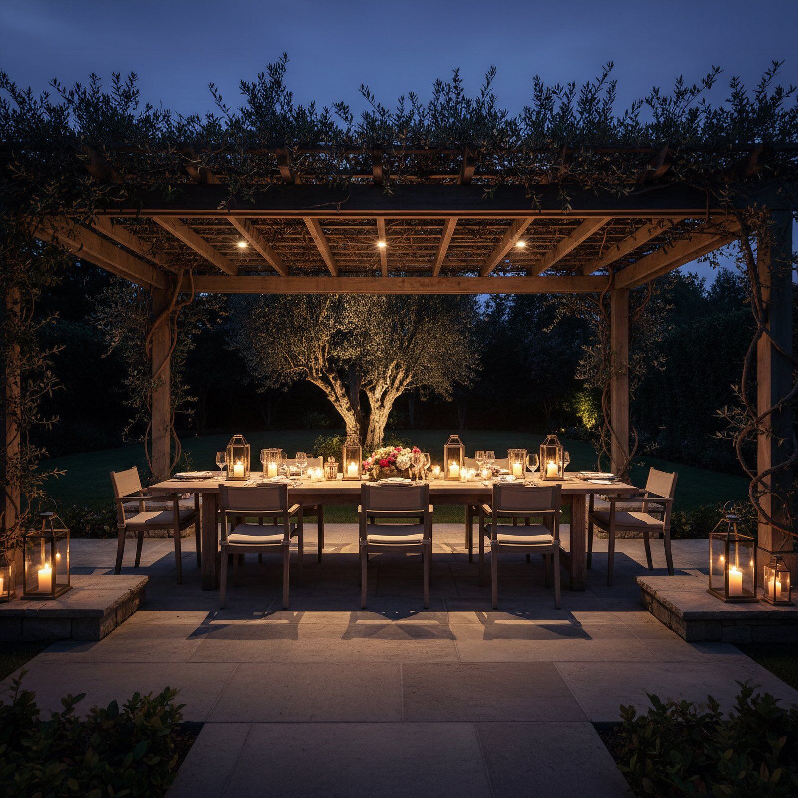 A long dinner table set under a vine-covered pergola at night, lit by lanterns and soft sources in the trellis, with an olive tree glowing beyond.